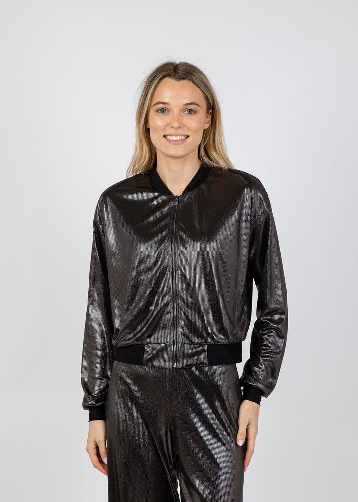 Lola & Sophie Metallic Dot Bomber Jacket in Black available at Barbara Katz