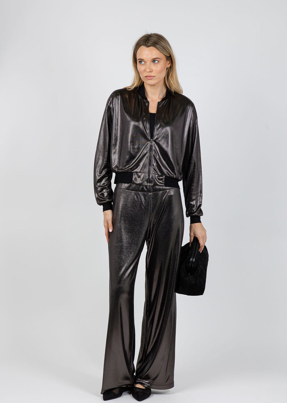 Lola & Sophie Metallic Dot Bomber Jacket in Black paired with matching Metallic Dot Wide Leg Pants available at Barbara Katz