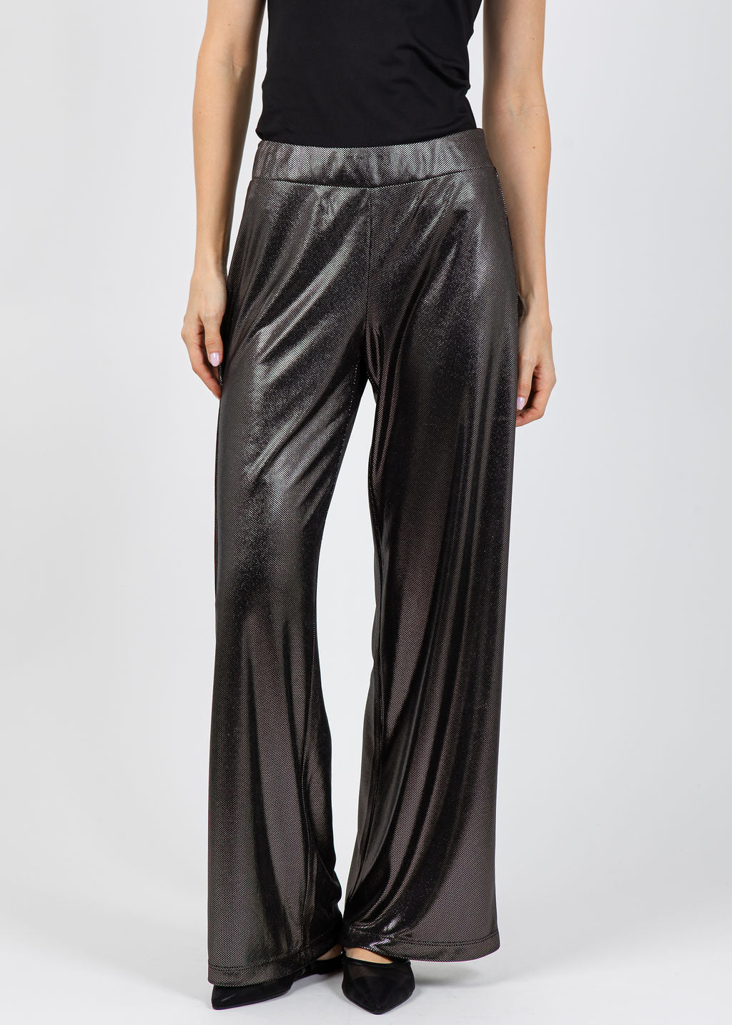Lola & Sophie Metallic Dot Wide Leg Pants in Black available at Barbara Katz
