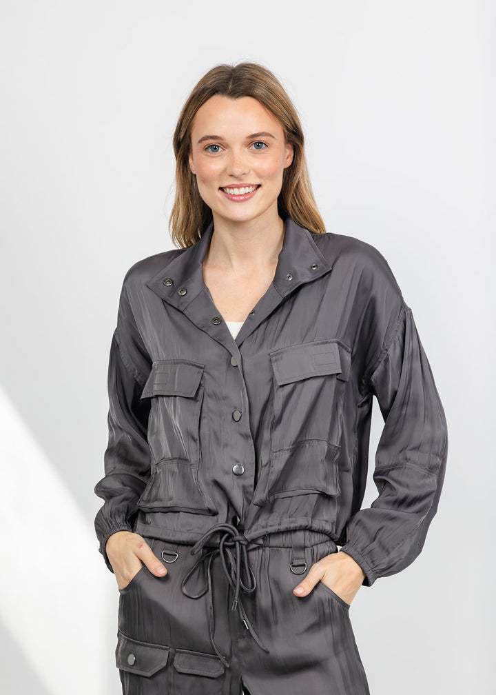 Lola &amp; Sophie The Satin Cargo Jacket - Grey available at Barbara Katz