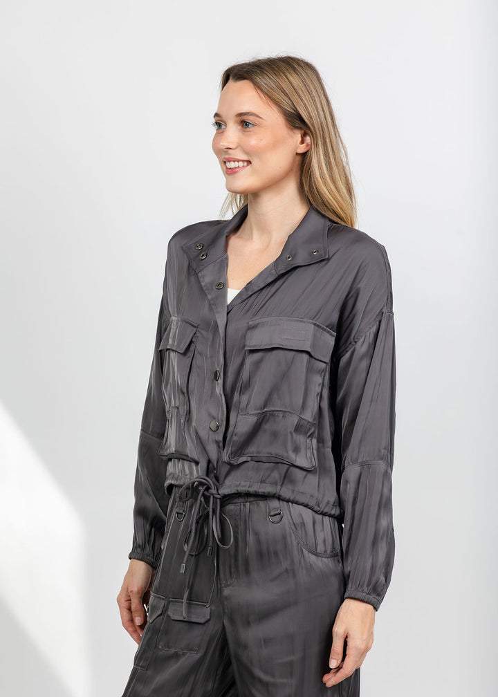 Lola &amp; Sophie The Satin Cargo Jacket - Grey available at Barbara Katz