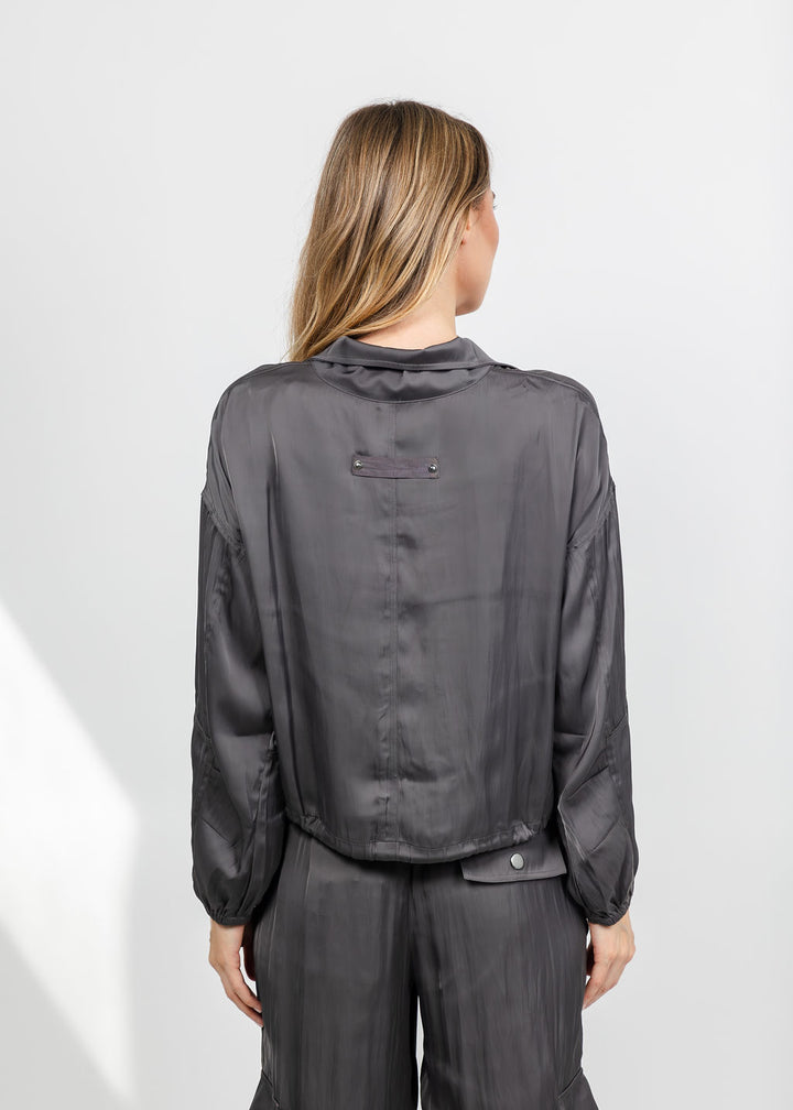 Lola &amp; Sophie The Satin Cargo Jacket - Grey available at Barbara Katz