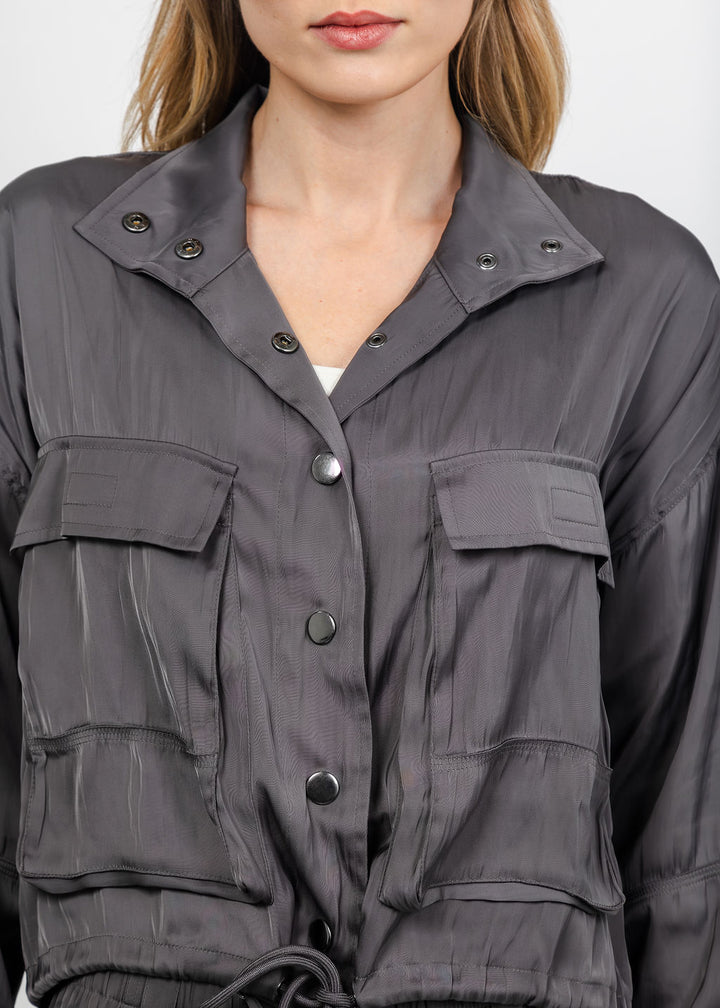 Lola &amp; Sophie The Satin Cargo Jacket - Grey available at Barbara Katz