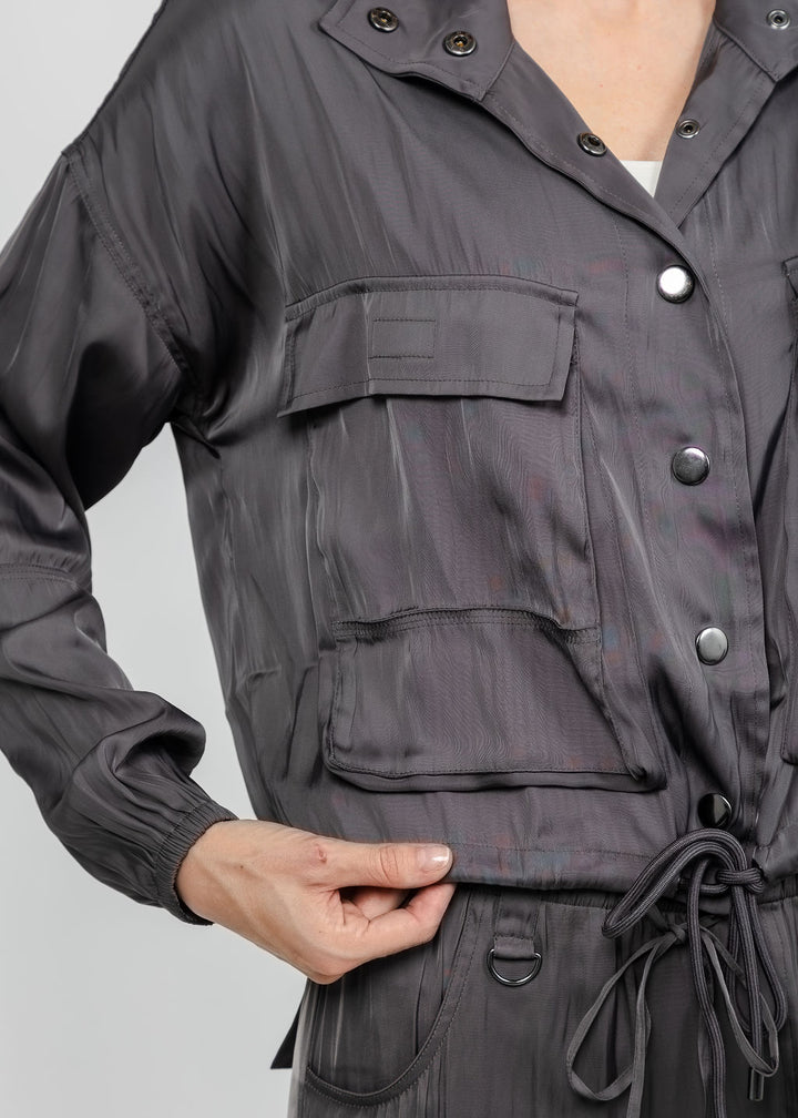 Lola &amp; Sophie The Satin Cargo Jacket - Grey available at Barbara Katz