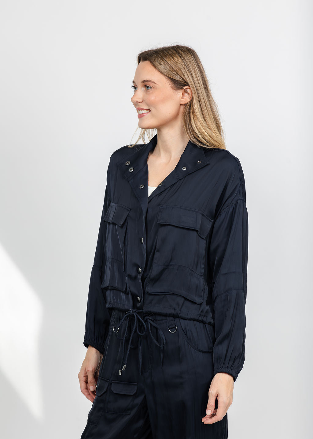 Lola &amp; Sophie The Satin Cargo Jacket - Midnight available at Barbara Katz