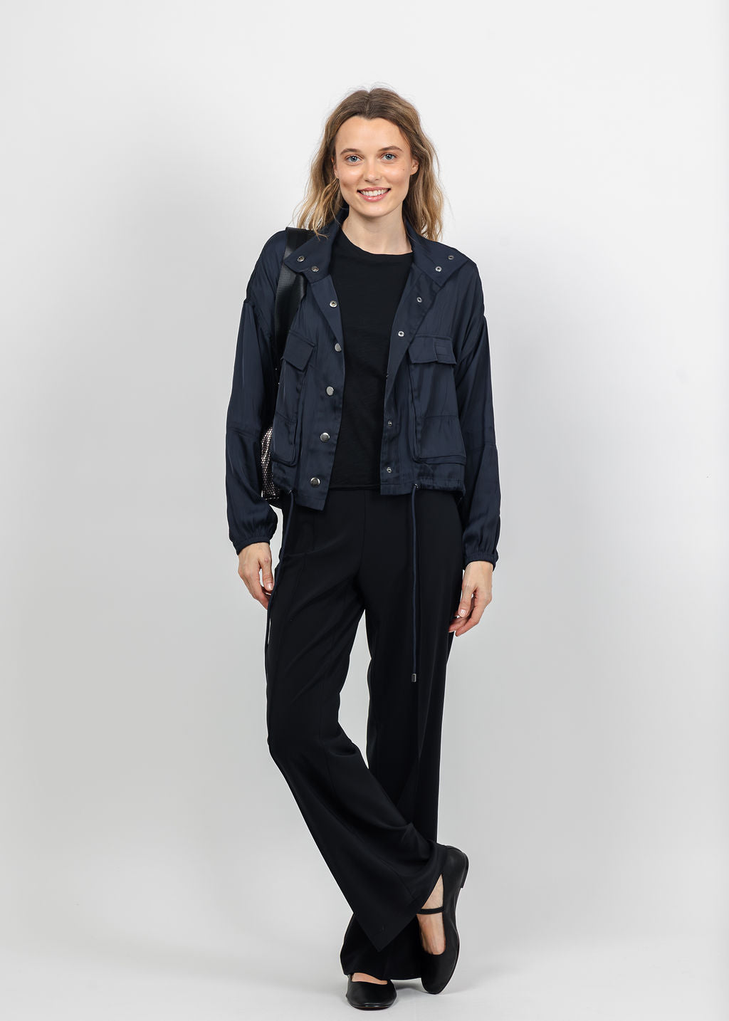 Lola &amp; Sophie The Satin Cargo Jacket in Midnight available at Barbara Katz