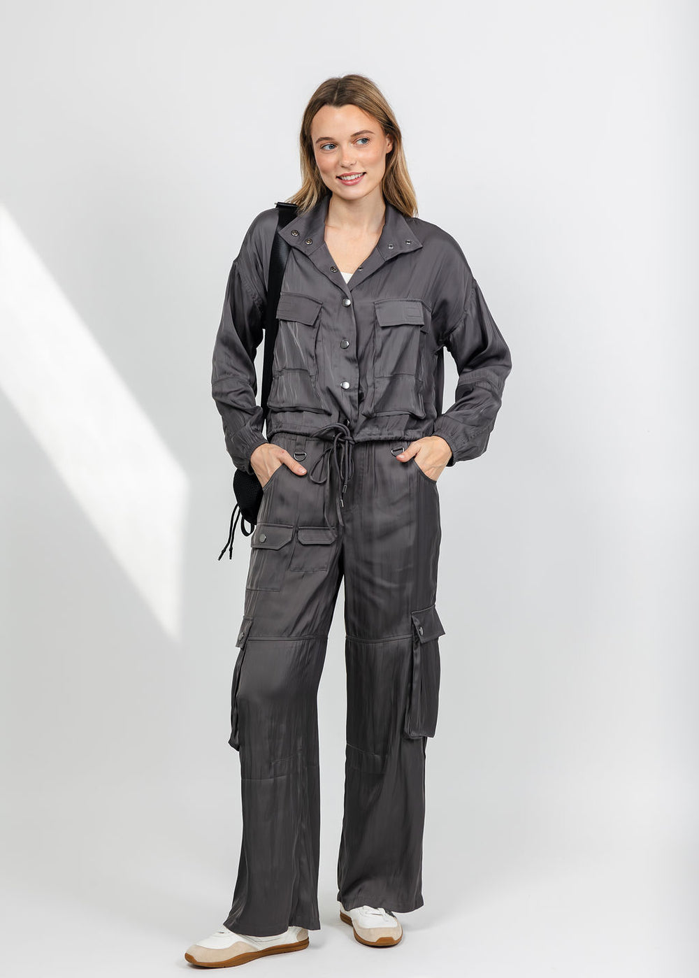 Lola & Sophie The Satin Cargo Jacket and Pants - Grey available at Barbara Katz
