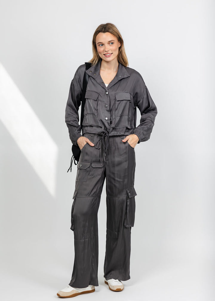 Lola &amp; Sophie The Satin Cargo Jacket and Pants - Grey available at Barbara Katz