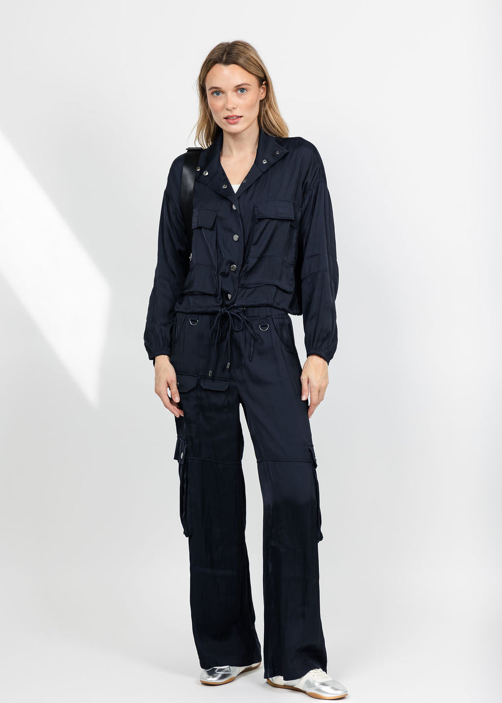 Lola & Sophie The Satin Cargo Jacket and Pant - Midnight available at Barbara Katz