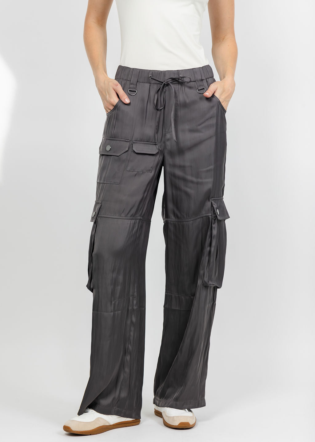Lola &amp; Sophie The Satin Cargo Pant - Grey available at Barbara Katz