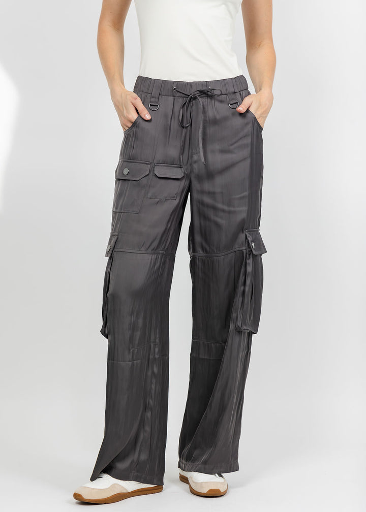 Lola &amp; Sophie The Satin Cargo Pant - Grey available at Barbara Katz
