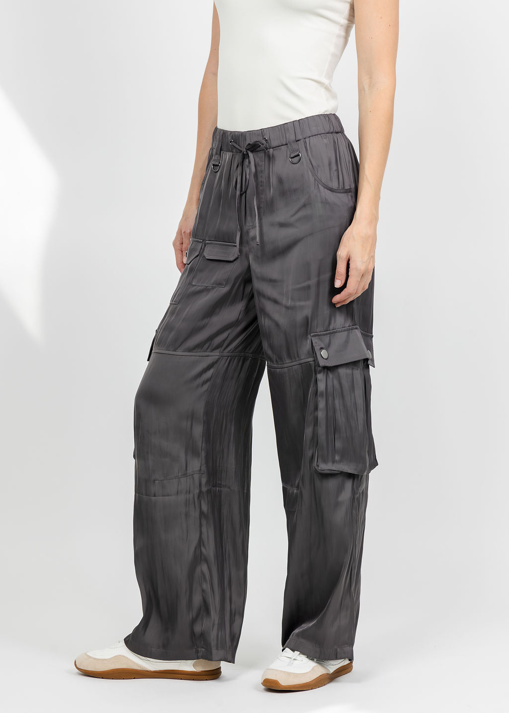 Lola &amp; Sophie The Satin Cargo Pant - Grey available at Barbara Katz