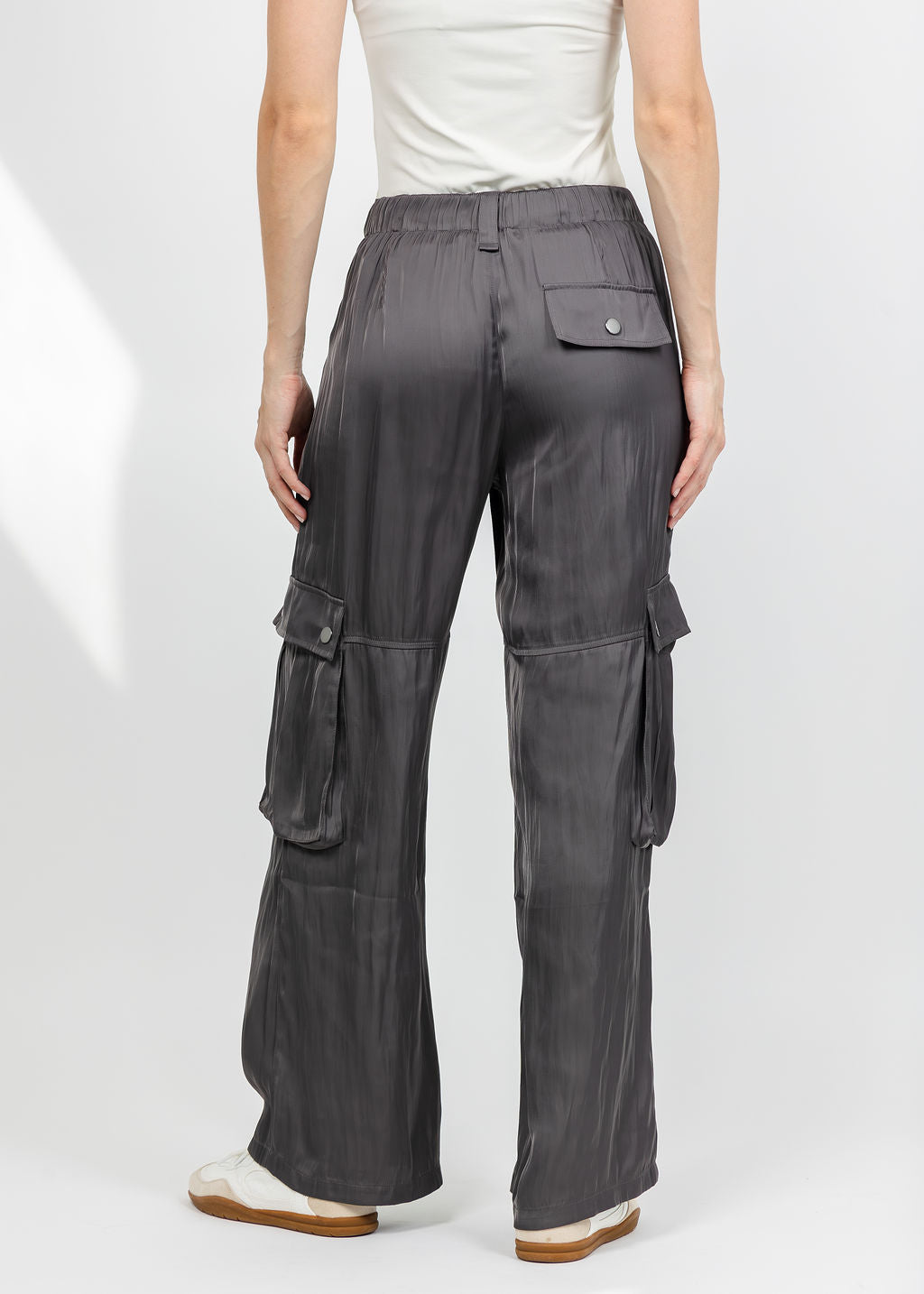 Lola &amp; Sophie The Satin Cargo Pant - Grey available at Barbara Katz