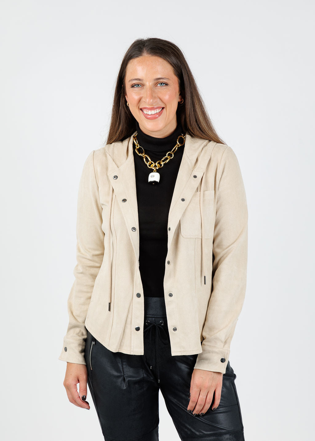 Lola & Sophie Ultra Suede Jacket in Beige with Elliott Lauren Thin Skinned Turtleneck in Black underneath available at Barbara Katz