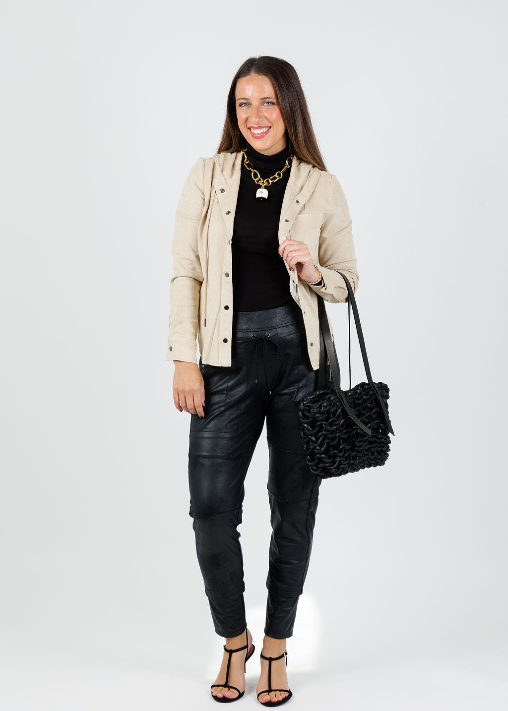 Lola & Sophie Ultra Suede Jacket in Beige with Elliott Lauren Thin Skinned Turtleneck in Black underneath available at Barbara Katz