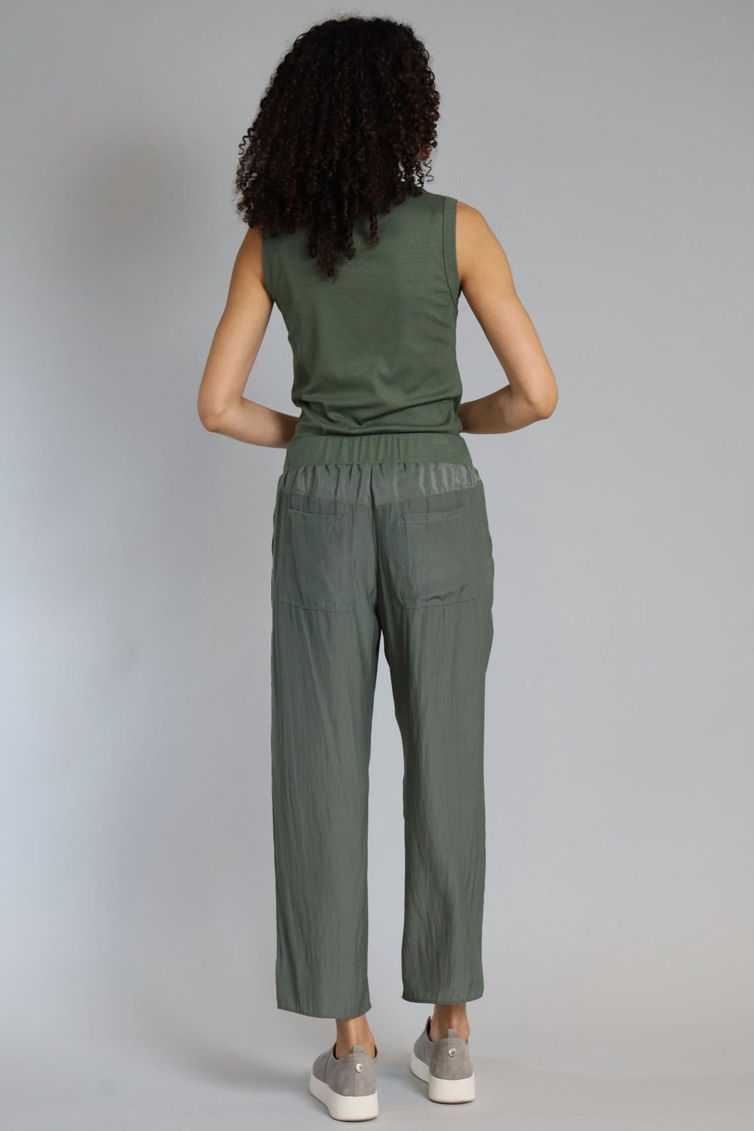 Lola & Sophie D Satin Crop Pants in Olivey available at Barbara Katz