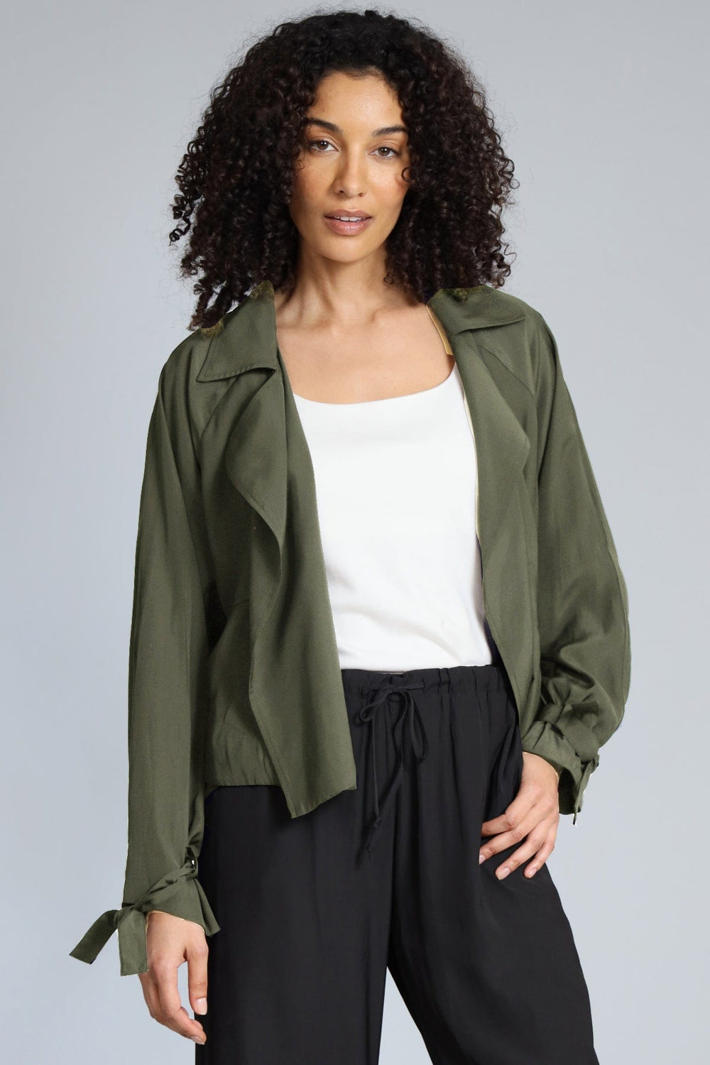 Lola & Sophie D Satin Jacket in Olivey available at Barbara Katz