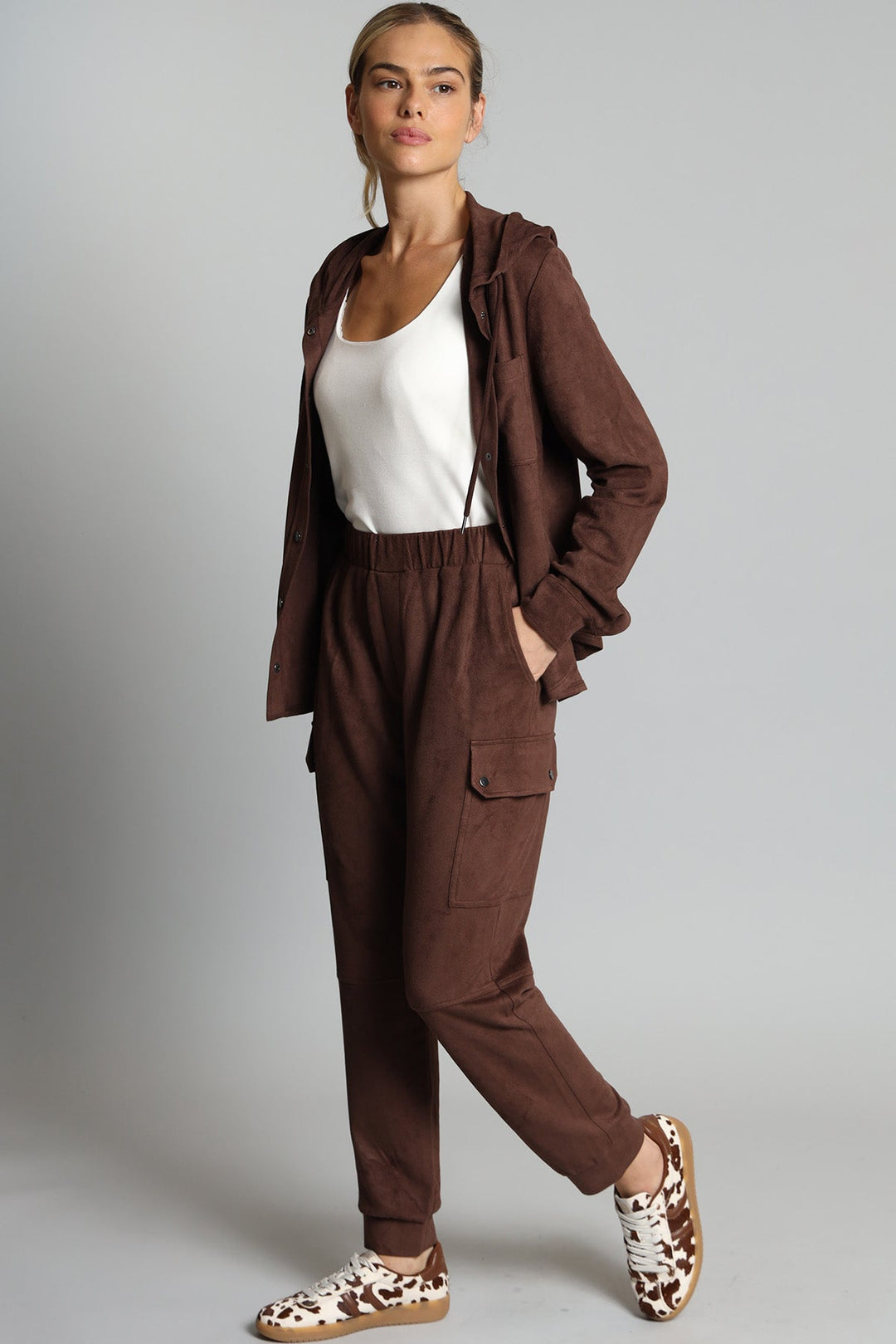 Lola & Sophie Suede Cargo Pants in Coco available at Barbara Katz