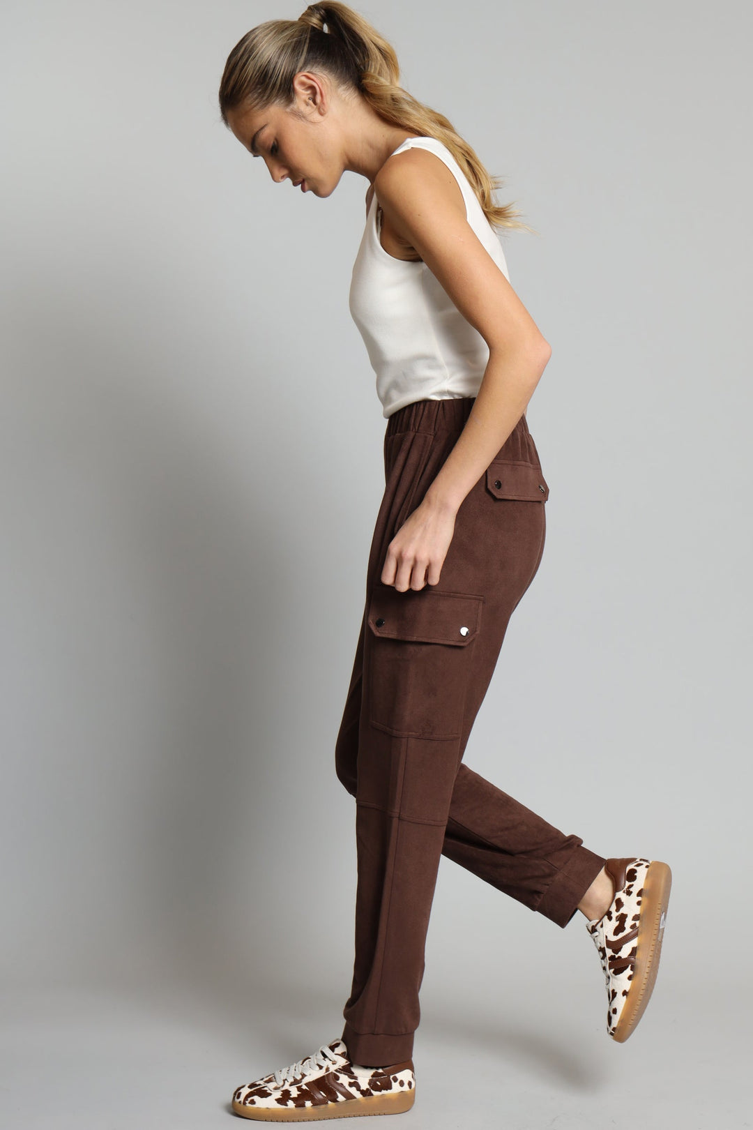 Lola & Sophie Suede Cargo Pants in Coco available at Barbara Katz