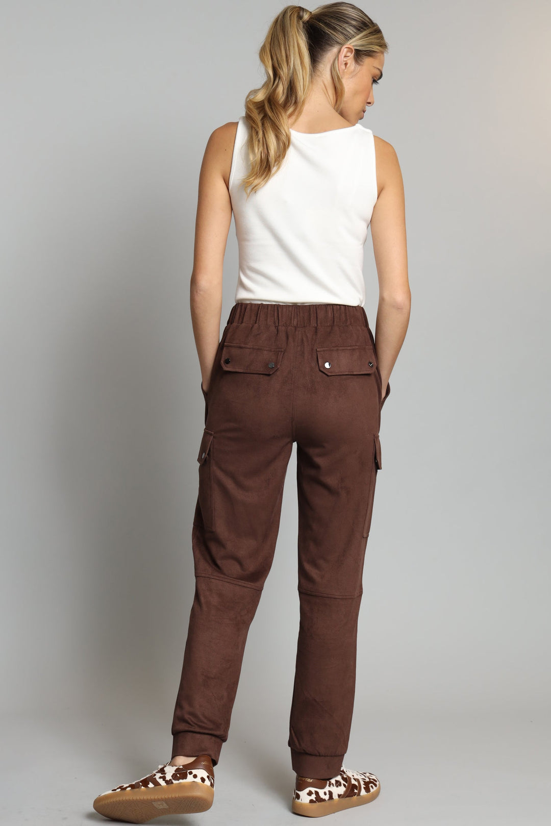 Lola & Sophie Suede Cargo Pants in Coco available at Barbara Katz