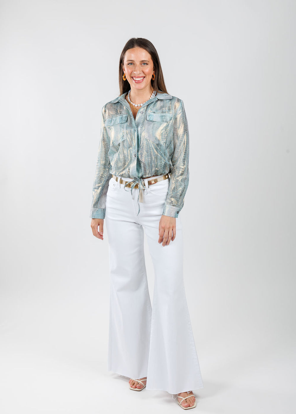 Lola & Sophie Adela Foil Printed Cotton Jacket in Blue paired with Pistola Izzy High Rise Wide Leg Jeans in White available at Barbara Katz