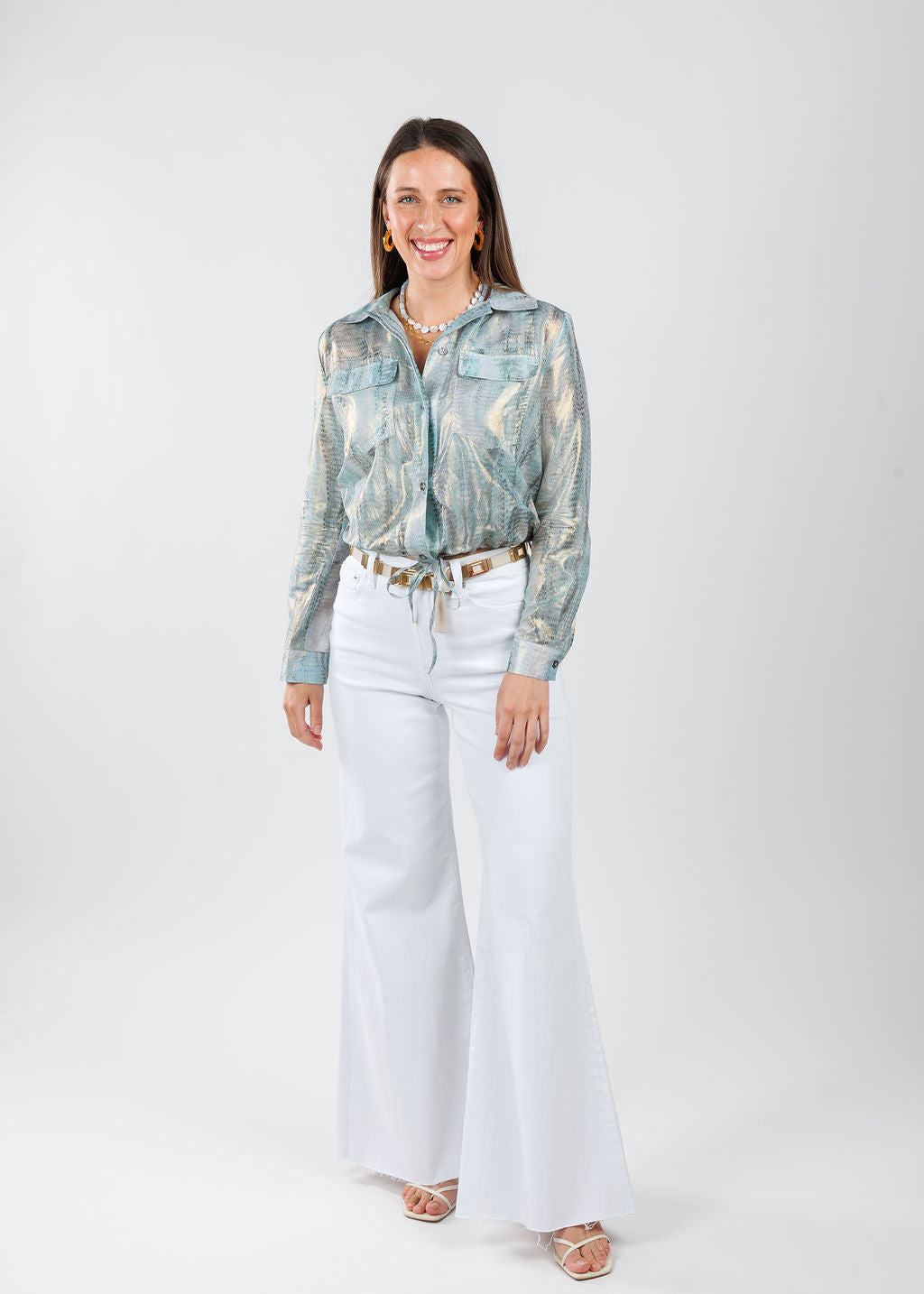 Lola & Sophie Adela Foil Printed Cotton Jacket in Blue paired with Pistola Izzy High Rise Wide Leg Jeans in White available at Barbara Katz