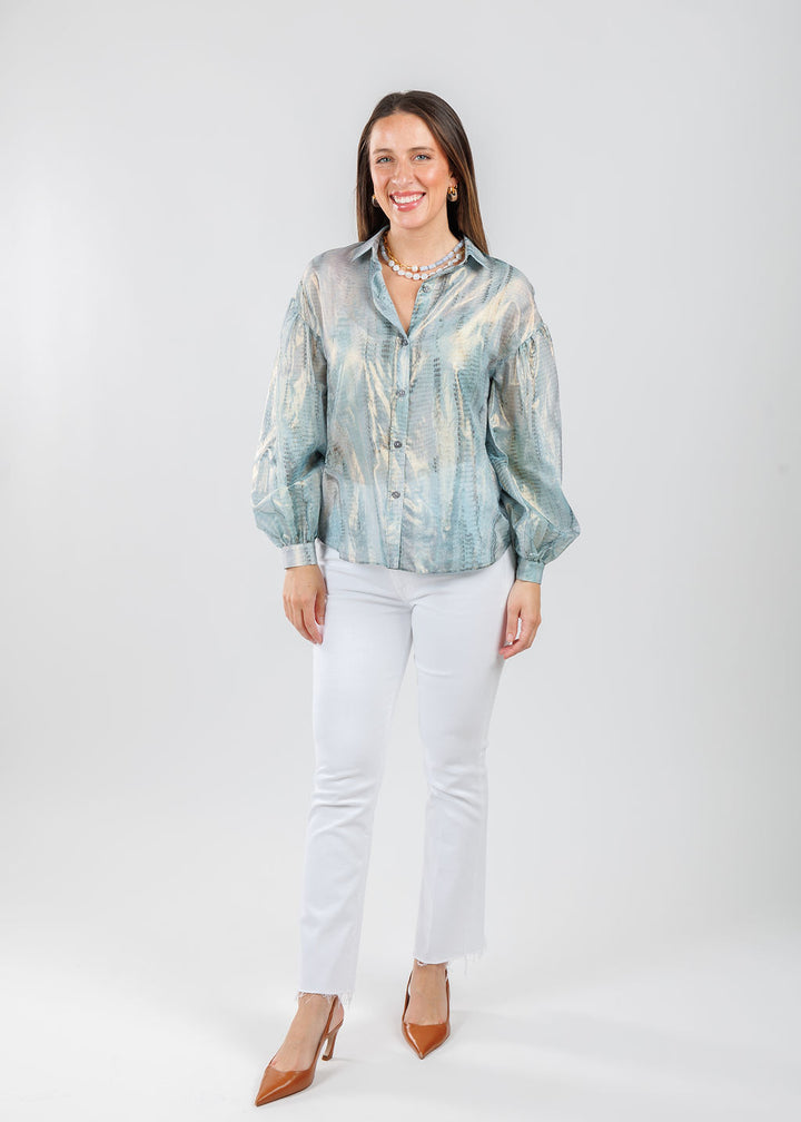 Lola & Sophie Adelina Foil Printed Cotton Blouse in Blue paired with Mother The Hustler Ankle Fray Jeans in White available at Barbara Katz