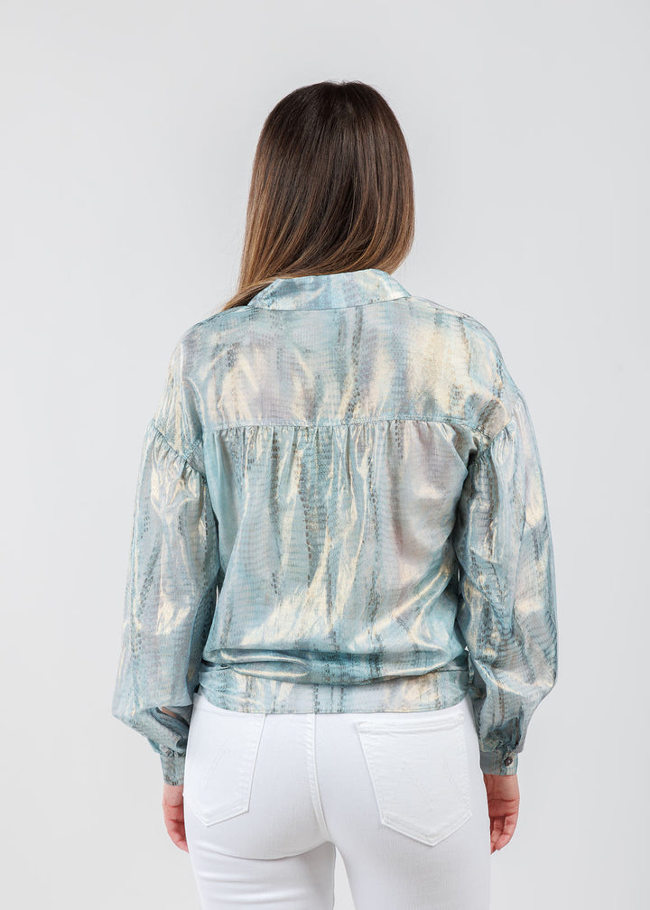 Lola & Sophie Adelina Foil Printed Cotton Blouse in Blue available at Barbara Katz
