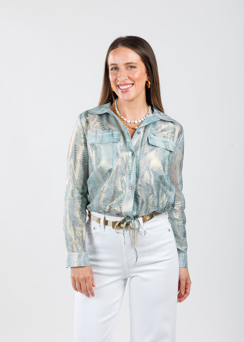 Lola & Sophie Adela Foil Printed Cotton Jacket in Blue available at Barbara Katz