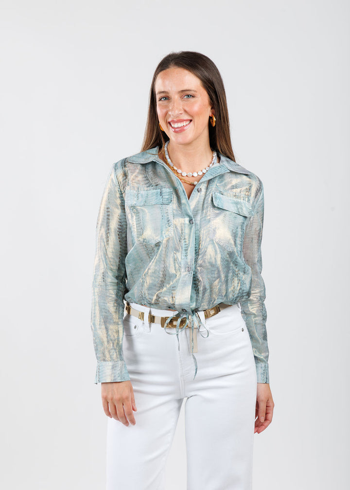 Lola & Sophie Adela Foil Printed Cotton Jacket in Blue available at Barbara Katz
