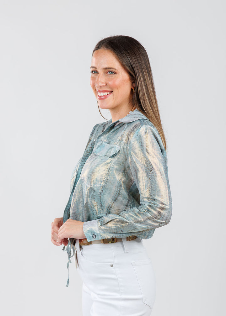 Lola & Sophie Adela Foil Printed Cotton Shaket in Blue available at Barbara Katz