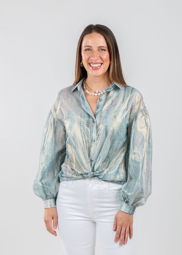Lola & Sophie Adelina Foil Printed Cotton Blouse in Blue available at Barbara Katz