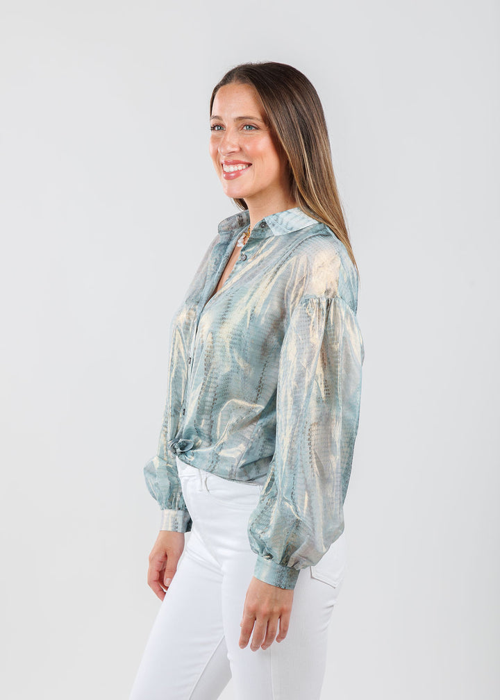 Lola & Sophie Adelina Foil Printed Cotton Blouse in Blue available at Barbara Katz