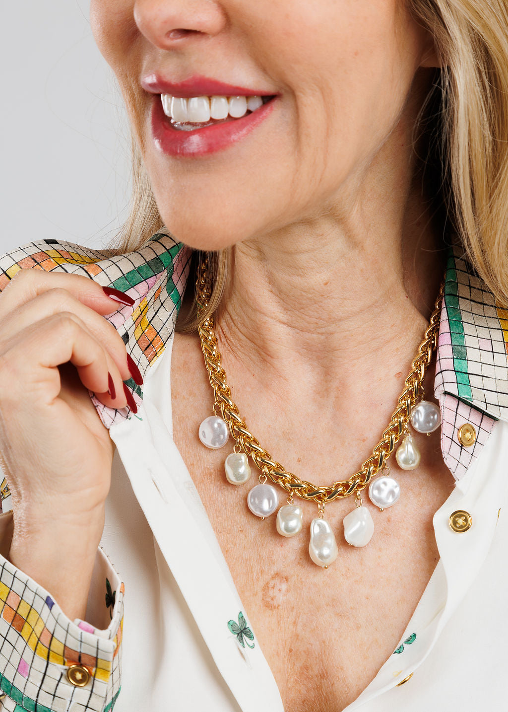 BK Jewelry Luisa Gold Pearl Short Chain Necklace available at Barbara Katz