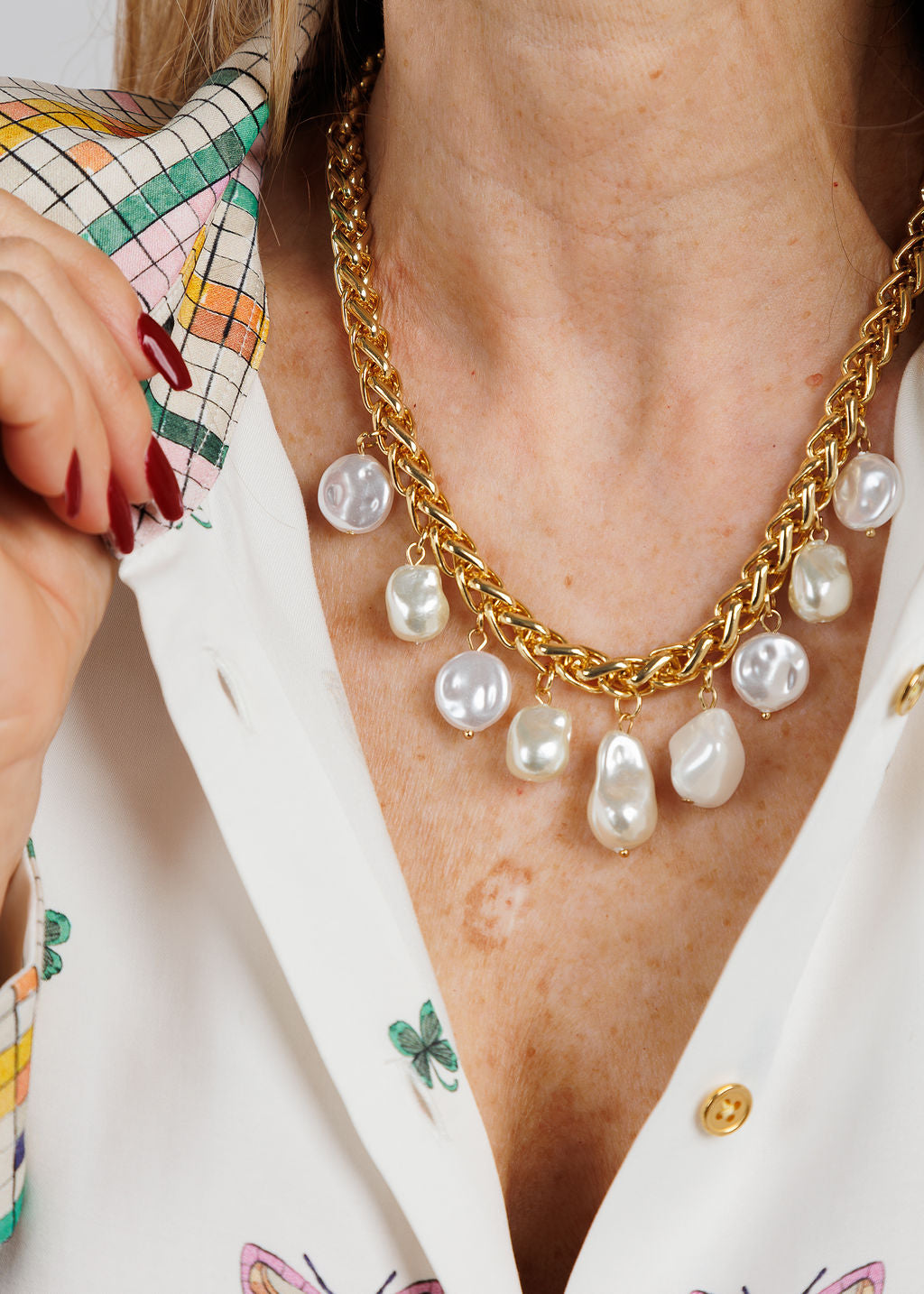 BK Jewelry Luisa Gold Pearl Short Chain Necklace available at Barbara Katz