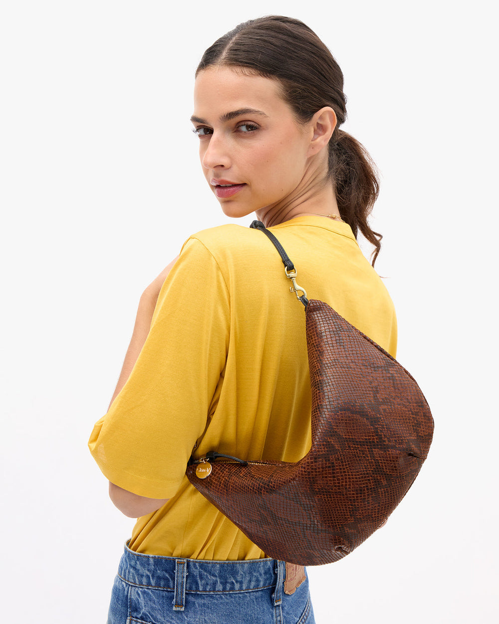 Clare V Lune Bag in Auburn Pierre Python available at Barbara Katz