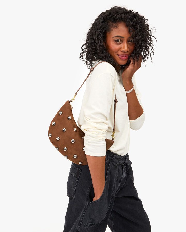Clare V Lune Bag in Choco Bar Smooth Nubuck With Studs available at Barbara Katz
