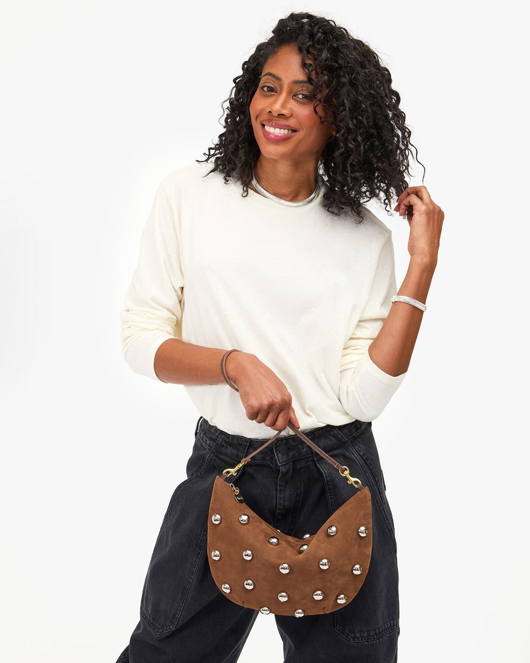 Clare V Lune Bag in Choco Bar Smooth Nubuck With Studs available at Barbara Katz
