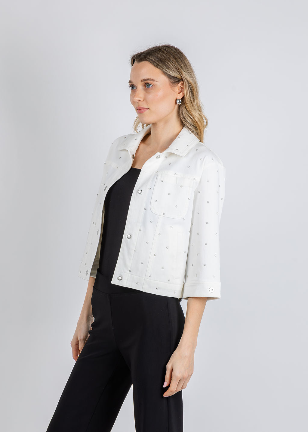 Lysse Audrey Pearled Denim Jacket in Ecru White available at Barbara Katz