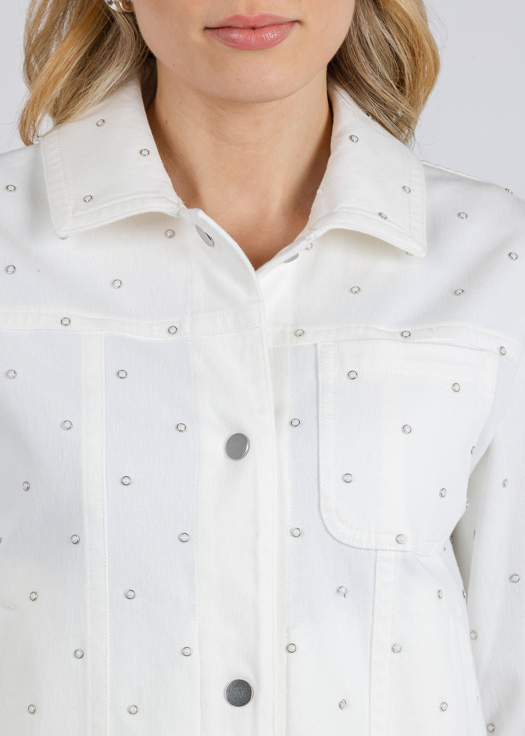 Lysse Audrey Pearled Denim Jacket in Ecru White available at Barbara Katz