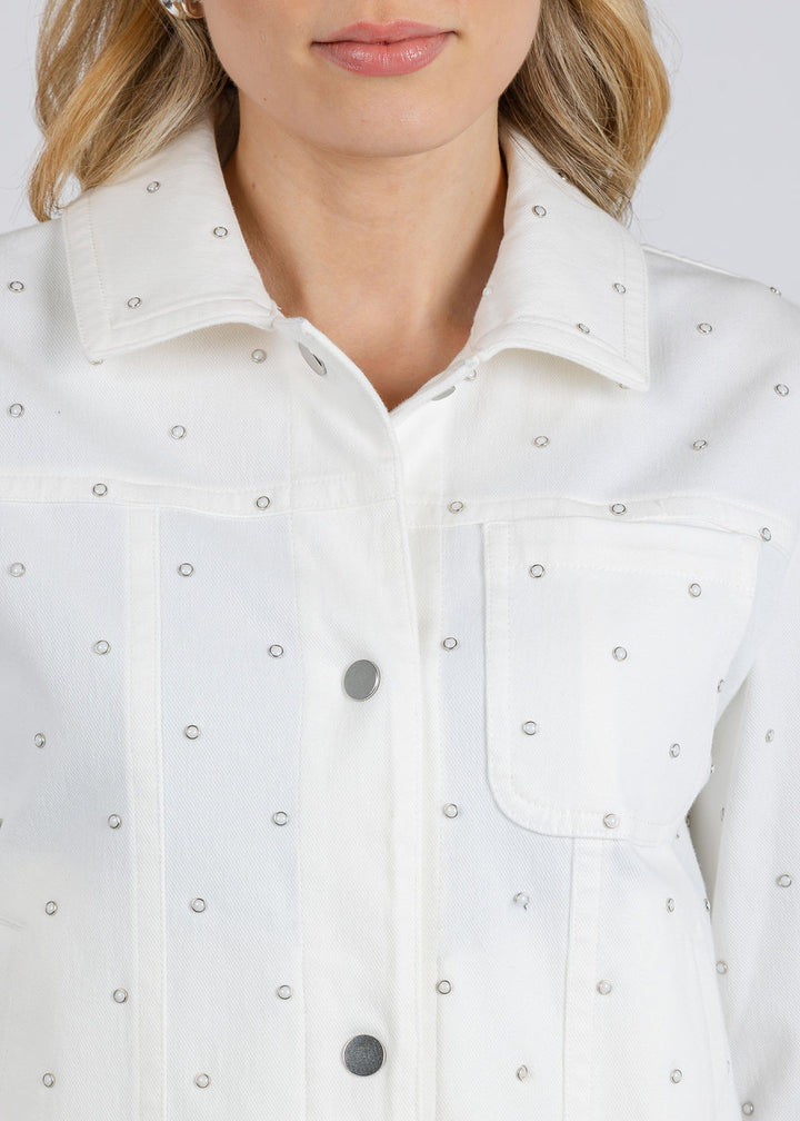 Lysse Audrey Pearled Denim Jacket in Ecru White available at Barbara Katz