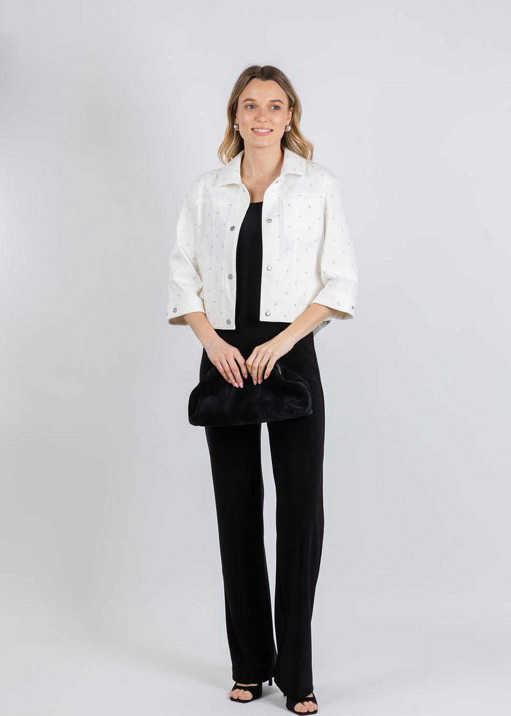 Lysse Audrey Pearled Denim Jacket in Ecru White available at Barbara Katz