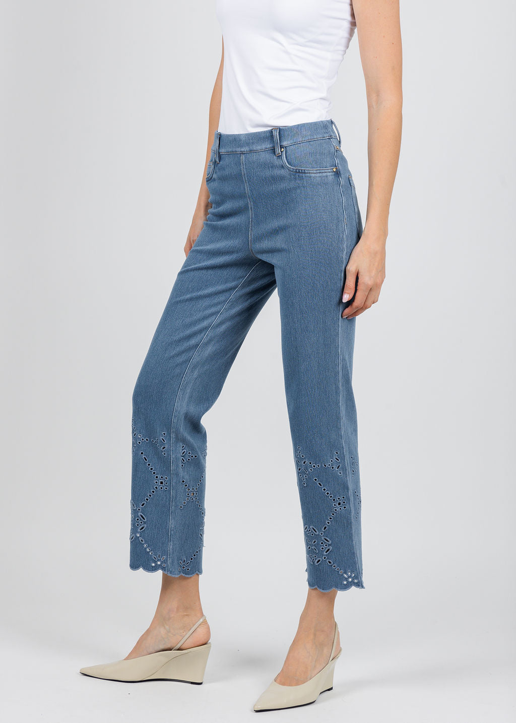 Lysse Billie Eyelet Straight Denim in Bleached Blue available at Barbara Katz