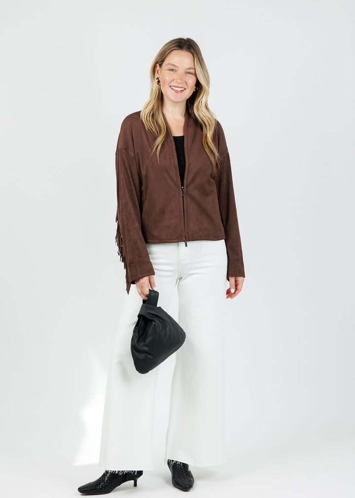 Lysse Candence Fringe Suede Jacket in Wood available at Barbara Katz