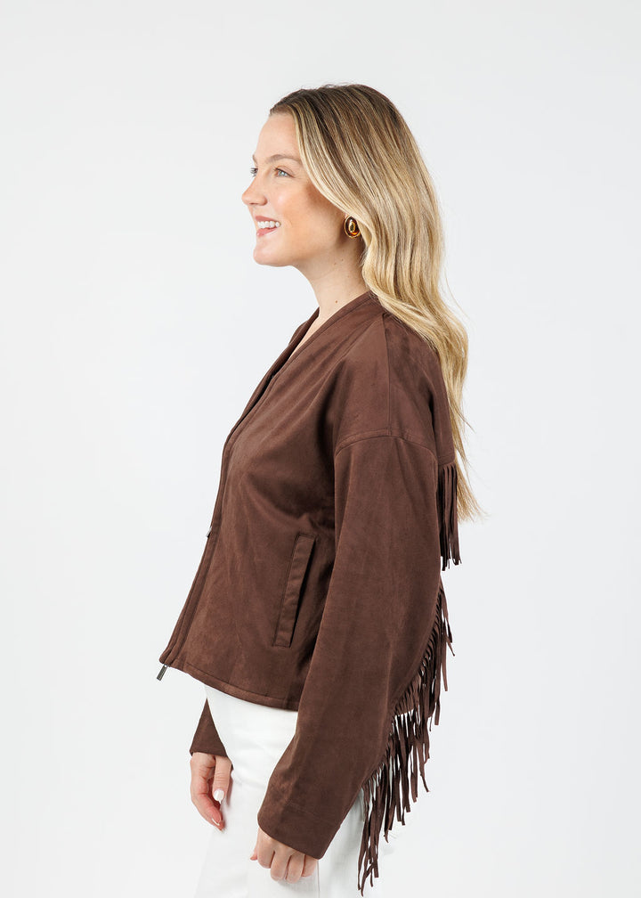 Lysse Candence Fringe Suede Jacket in Wood available at Barbara Katz