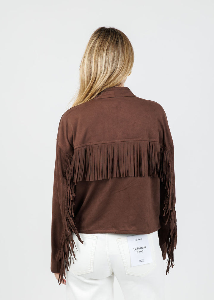 Lysse Candence Fringe Suede Jacket in Wood available at Barbara Katz