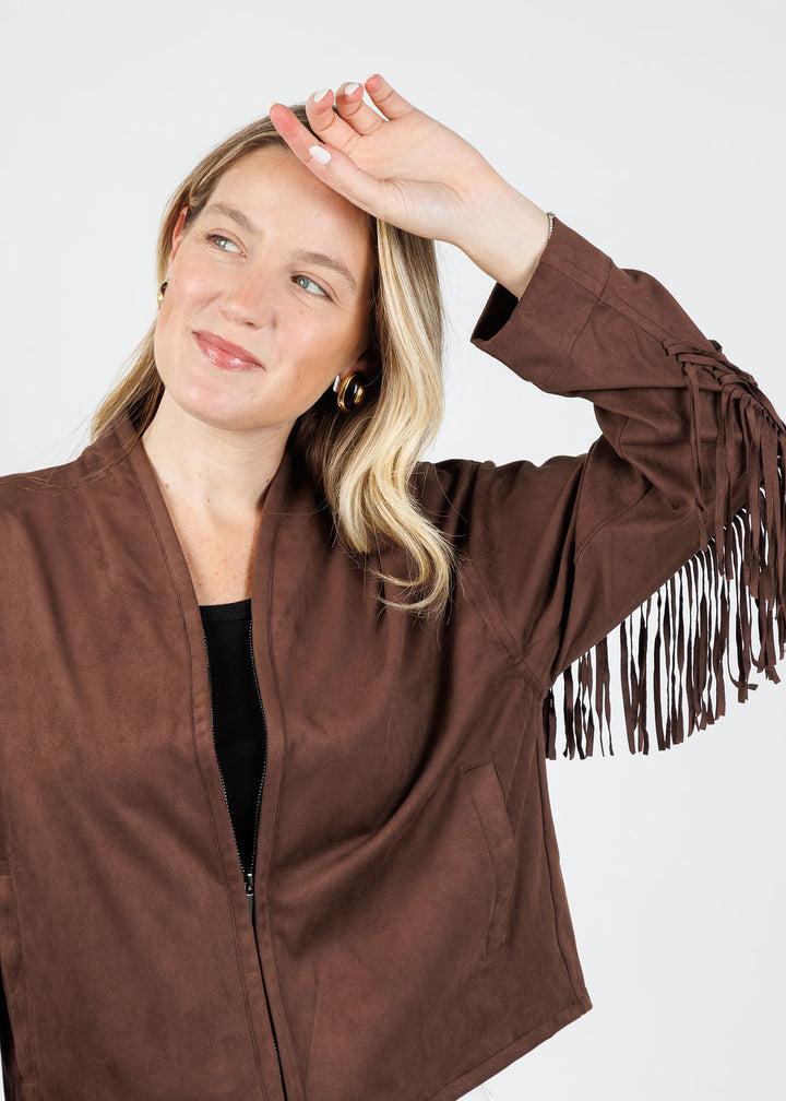 Lysse Candence Fringe Suede Jacket in Wood available at Barbara Katz