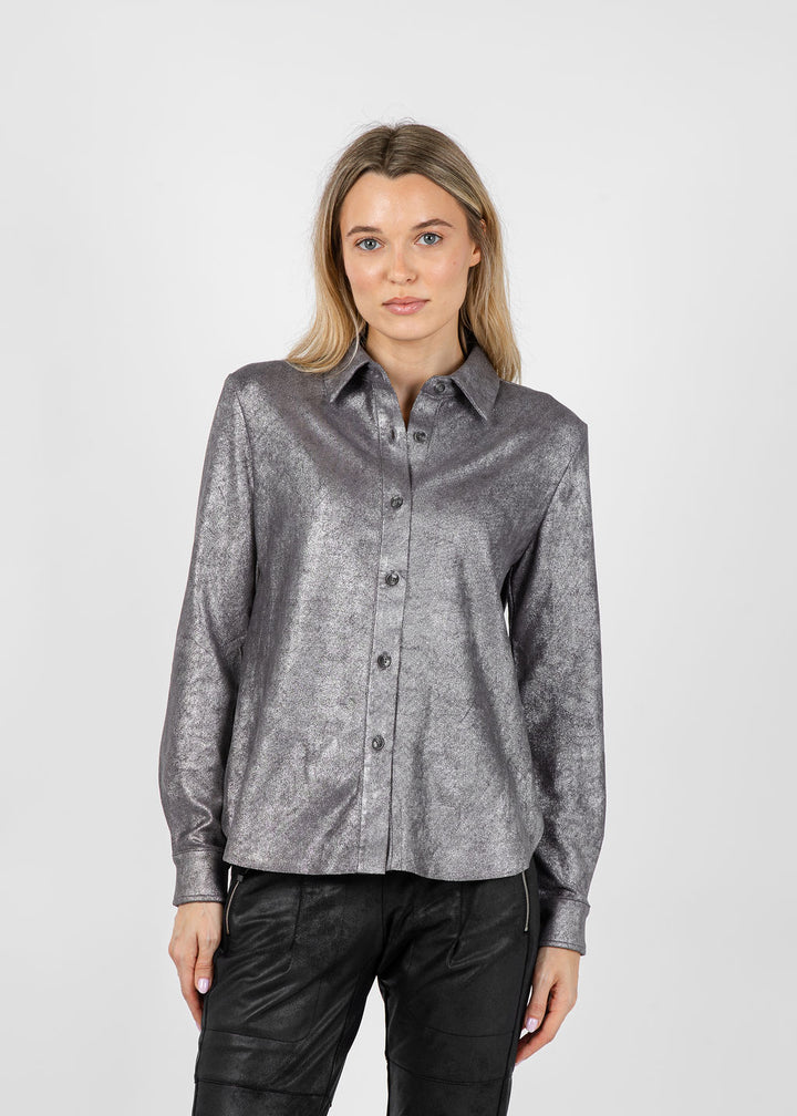 Lysse Connie Patent Foil Vegan Suede Shacket in Metallic Silver available at Barbara Katz
