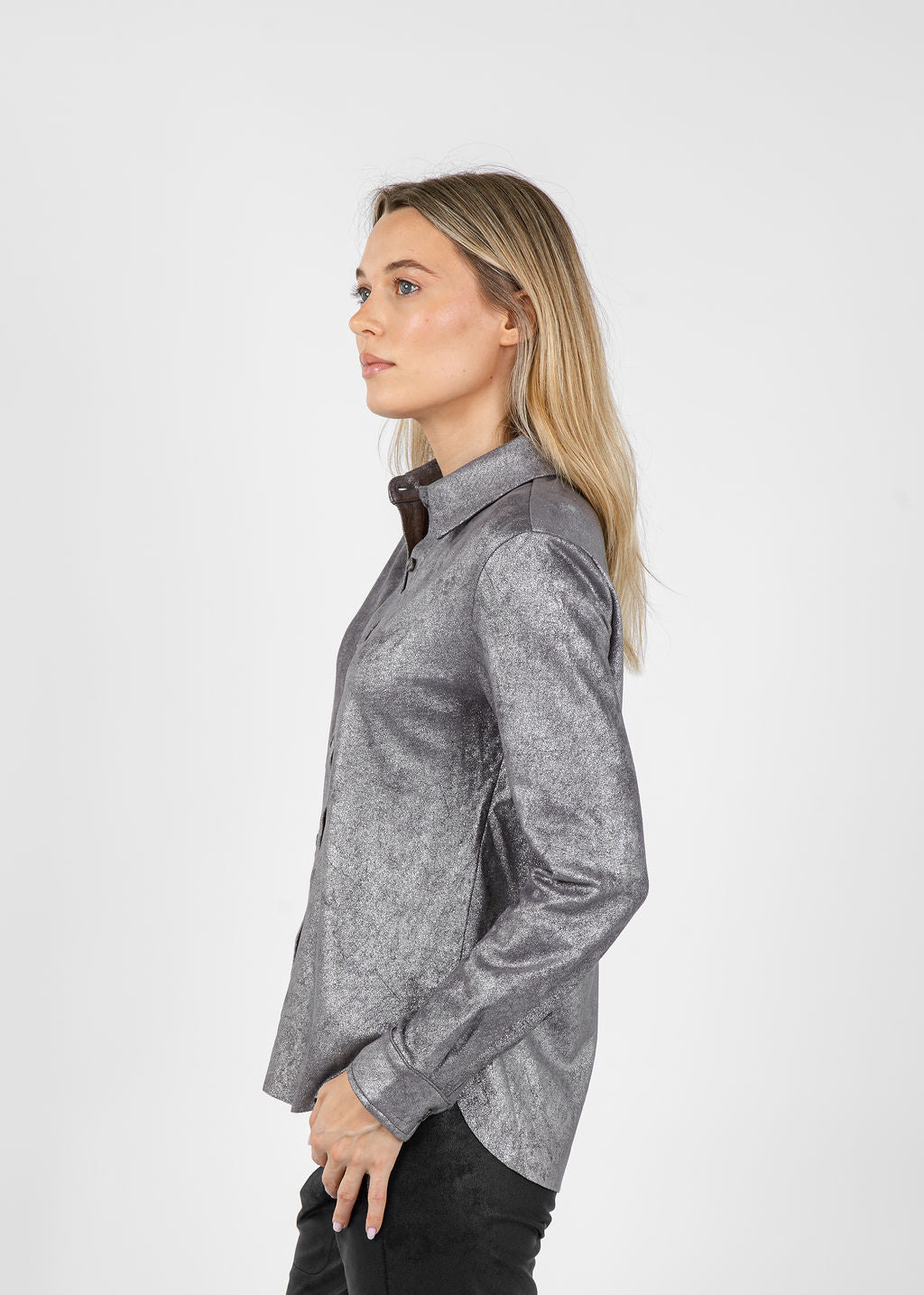 Lysse Connie Patent Foil Vegan Suede Shacket in Metallic Silver available at Barbara Katz