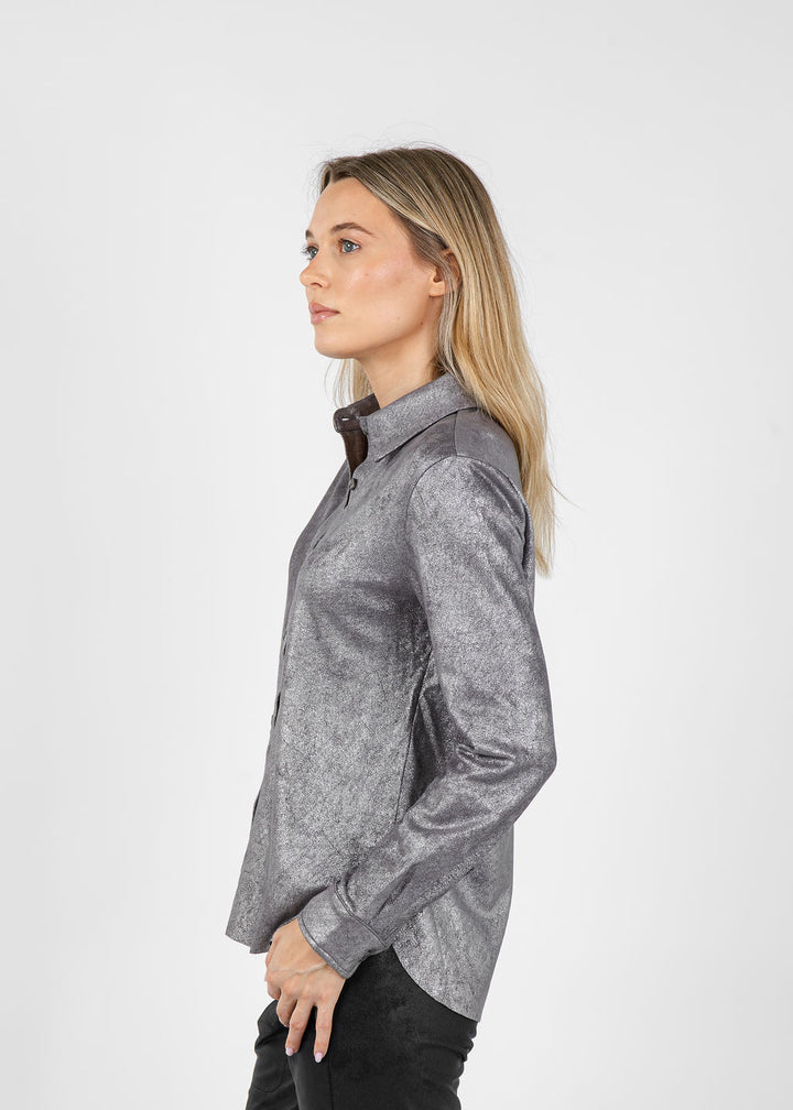 Lysse Connie Patent Foil Vegan Suede Shacket in Metallic Silver available at Barbara Katz
